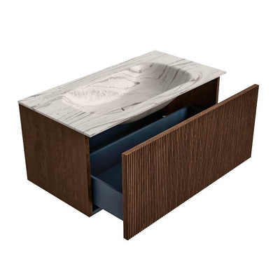 MONDIAZ KURVE-DLUX 90cm badmeubel kleur Walnut met 1 lade en 0 deuren. Wastafel BIG SMALL Midden zonder kraangat Nata.