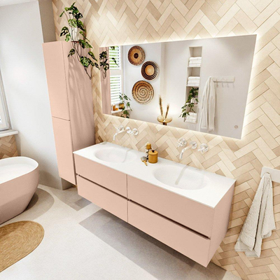 MONDIAZ VICA Ensemble meuble de salle de bains - 150cm - meuble bas rosee - 4 tiroirs - vasque moon double - sans trous de robinetterie - version haute 60cm - talc