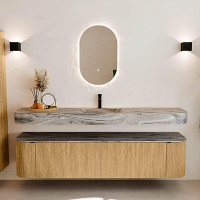 MONDIAZ THOR-DLUX Meuble de salle de bains 190cm arrondi gauche + droite couleur Oak avec 2 tiroirs et 2 portes. Vasque suspendue CLOUD Milieu 1 trou de robinet couleur Sombra.