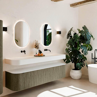 MONDIAZ THOR Meuble de salle de bains 190cm arrondi gauche + droite couleur Shadow avec 2 tiroirs et 2 portes. Vasque suspendue CLOUD Double sans trou de robinet couleur Talc.