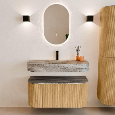 MONDIAZ THOR-DLUX 100cm meuble de salle de bains arrondi gauche + droite couleur Chêne avec 1 tiroir et 2 portes. Vasque suspendue CLOUD Milieu 1 trou de robinet couleur Oza.