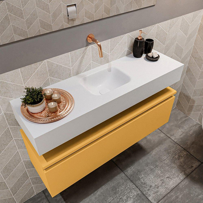 MONDIAZ ANDOR Toiletmeubel - 100x30x30cm - 0 kraangaten - 1 lades - ocher mat - wasbak midden - Solid surface - Wit