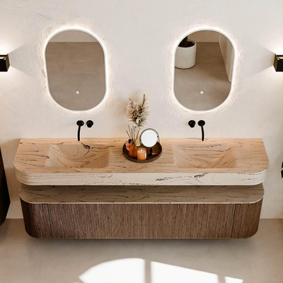 MONDIAZ THOR-DLUX 200cm meuble de salle de bains arrondi gauche + droite couleur Walnut avec 2 tiroirs et 2 portes. Vasque suspendue CLOUD Double sans trou de robinet couleur Arena.