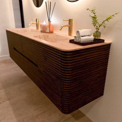 Mondiaz CIRO-DLUX Badkamermeubelset - 180x45x50cm - Solid surface wastafel Saba - 2 wasbak Dubbel - 2 kraangaten - 4 lades - Walnut