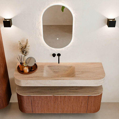 MONDIAZ THOR-DLUX 140cm meuble de salle de bains arrondi gauche + droite couleur Ruby avec 1 tiroir et 2 portes. Vasque suspendue CLOUD Milieu sans trou de robinet couleur Saba.