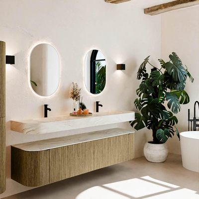 MONDIAZ THOR-DLUX Meuble de salle de bains 190cm arrondi gauche + droite couleur Dusk avec 2 tiroirs et 2 portes. Vasque suspendue CLOUD Double 2 trous de robinet couleur Ostra.