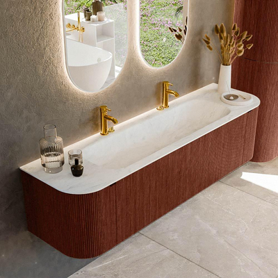 Mondiaz KURVE-DLUX Badkamermeubelset - 170x46x40cm - 1 lade - 2 deuren - wastafel solid surface - midden - 2 kraangaten - Ruby