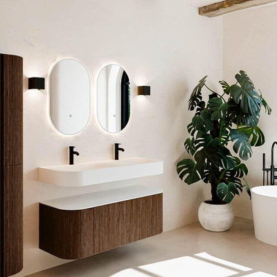 MONDIAZ THOR 120cm meuble de salle de bains arrondi gauche + droite couleur Walnut avec 1 tiroir et 2 portes. Vasque suspendue CLOUD Double 2 trous de robinet couleur Talc.