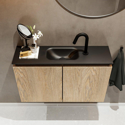 MONDIAZ TURE Fonteinset - 80x23x50cm - 1 kraangat - 2 deuren - washed oak mat - Wasbak midden - Solid Surface Zwart