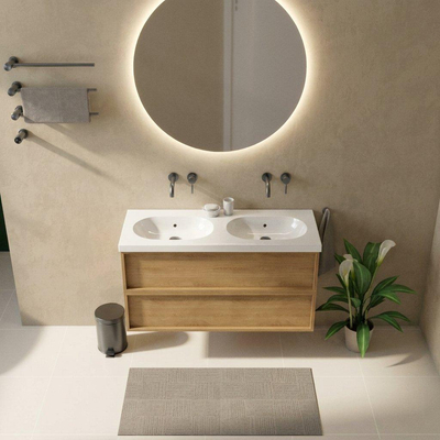 Saniclass Holz Frame Ensemble meuble de salle de bains - 120x45x63.5cm - lavabo Palermo en céramique blanc - 2 vasques - sans trous de robinet - 2 tiroirs - chêne natural mat (bois)