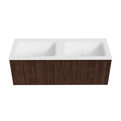 MONDIAZ KURVE Meuble de salle de bains 120 cm couleur Walnut avec 1 tiroir. Lavabo CLOUD double sans trou de robinet Talc.