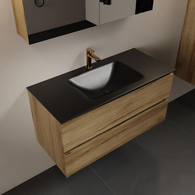 Mondiaz AIVY Ensemble de meuble - 100x45x50cm - 1 trou de robinet - 1 vasque Urban Solid surface - Centre - 2 tiroirs - avec armoire de toilette - Melamine Chai