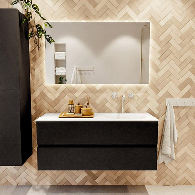 MONDIAZ VICA 120cm meuble de salle de bains caisson bas Urban 2 tiroirs. Lavabo MOON à droite 1 trou de robinet, couleur Talc.