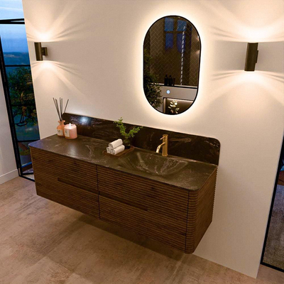 Mondiaz CIRO-DLUX Meuble de salle de bains - 160x45x50cm - Lavabo en solid surface Lava - 1 vasque à droite - 1 trou de robinet - 4 tiroirs - Dusk