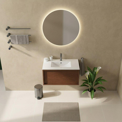 Saniclass Holz Frame Ensemble meuble de salle de bains - 80x45x42cm - lavabo Vygo en céramique blanc - 1 vasque - 1 trou de robinetterie - 1 tiroir - noyer pure mat (bois)