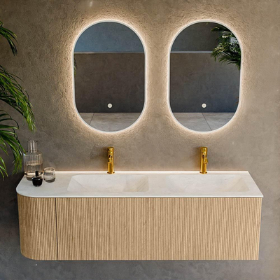 MONDIAZ KURVE-DLUX 145cm Meuble salle de bain avec module 25 G - couleur Oak - 1 tiroir - 1 porte - vasque LEAF double / droite - 2 trous de robinet - couleur Opalo