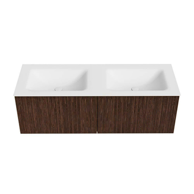 MONDIAZ KURVE Meuble de salle de bains 130 cm couleur Walnut avec 2 tiroirs. Lavabo CLOUD double sans trou de robinet Talc.