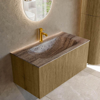 MONDIAZ KURVE-DLUX Meuble de salle de bains 90cm couleur Dusk avec 1 tiroir et 0 porte. Vasque BIG SMALL Centre 1 trou de robinet Oza.