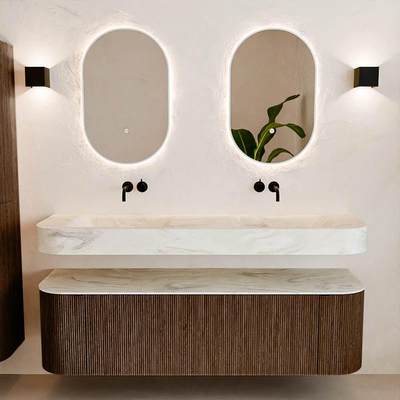 MONDIAZ THOR-DLUX 160cm meuble de salle de bains arrondi gauche + droite couleur Walnut avec 1 tiroir et 2 portes. Vasque suspendue CLOUD Double sans trou de robinet couleur Ostra.