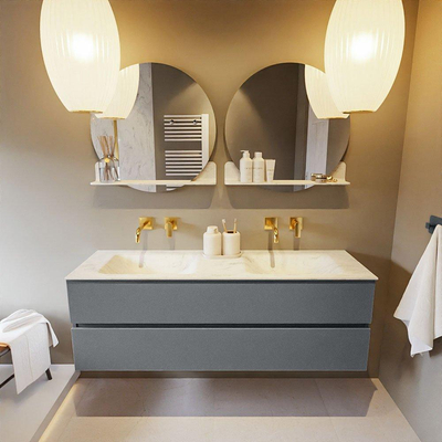 Mondiaz VICA-DLUX ensemble de meuble de salle de bain - 150cm - meuble sous-vasque plata - 2 tiroirs - lavabo encastrée cloud double - sans trous de robinet - version haute de 60cm - opalo