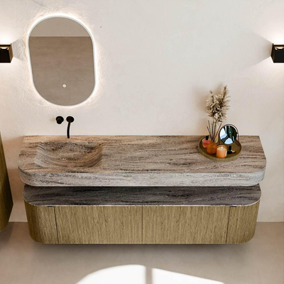 MONDIAZ THOR-DLUX 180cm meuble de salle de bains arrondi gauche + droite couleur Dusk avec 2 tiroirs et 2 portes. Vasque suspendue CLOUD Gauche sans trou de robinet couleur Oza.