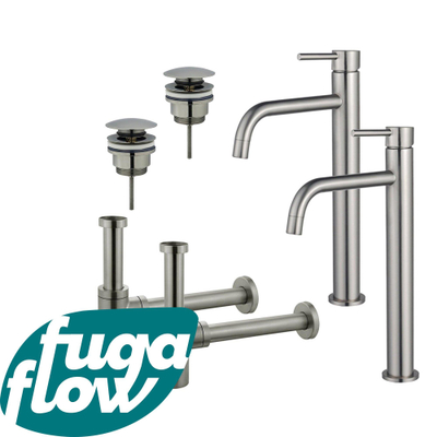 FugaFlow Eccelente Sobrado Badkamer Slim Wastafelkraanset - voor dubbele wastafel - verhoogde wastafelkraan - klikwaste plug - design sifon - PVD Geborsteld RVS