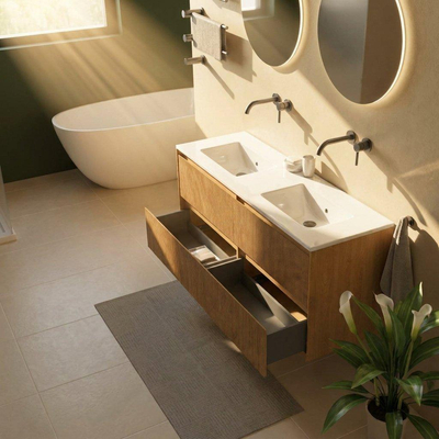 Saniclass Holz Atelier Ensemble de meubles de salle de bains - 140x45x62cm - lavabo Vygo en céramique blanc - 2 vasques - sans trous de robinet - 4 tiroirs - chêne natural brillant (bois)
