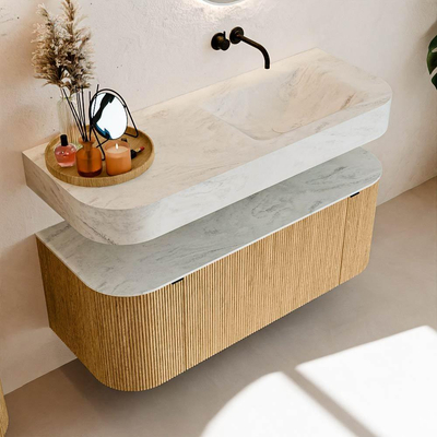 MONDIAZ THOR-DLUX Meuble de salle de bains 120cm arrondi gauche + droite couleur Oak avec 1 tiroir et 2 portes. Vasque suspendue CLOUD Droite sans trou de robinet couleur Opalo.