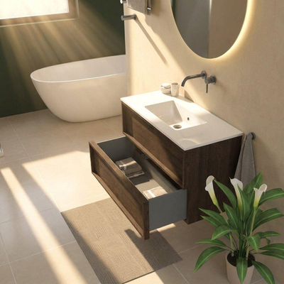 Saniclass Holz Frame Ensemble meuble de salle de bains - 100x45x62cm - Lavabo Vygo en céramique blanc - 1 vasque - sans trou de robinetterie - 2 tiroirs - chêne charcoal mat (bois)