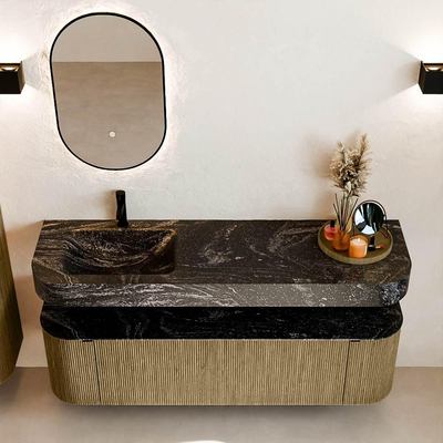 MONDIAZ THOR-DLUX 160cm meuble de salle de bains arrondi gauche + droite couleur Dusk avec 1 tiroir et 2 portes. Vasque suspendue CLOUD Gauche 1 trou de robinet couleur Lava.