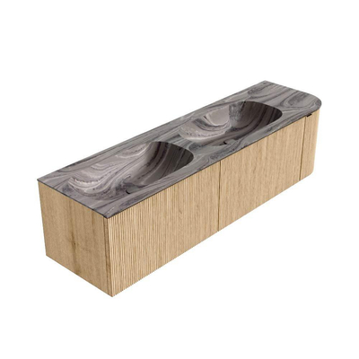 MONDIAZ KURVE-DLUX 165cm badmeubel ronding Rechts kleur Oak met 2 lades en 1 deur. Wastafel STOR SMALL Dubbel / Links 2 kraangaten Sombra.