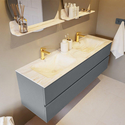 Mondiaz VICA-DLUX Ensemble de meuble de salle de bain - 150cm - meuble sous-vasque plata - 2 tiroirs - lavabo encastré cloud double - 2 trous de robinet - miroir modèle spot - version XL 60cm de haut - ostra