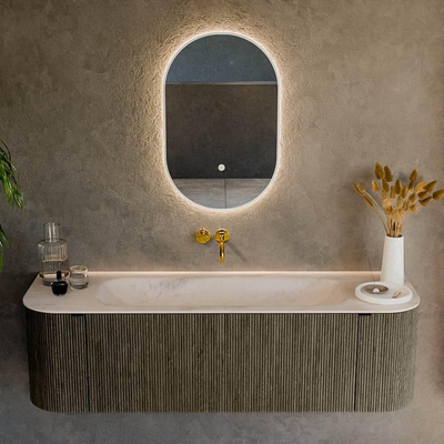 MONDIAZ KURVE-DLUX Meuble de salle de bains 150cm arrondi gauche + droite couleur Shadow avec 1 tiroir et 2 portes. Lavabo BIG MEDIUM Centre sans trou de robinet Meli.