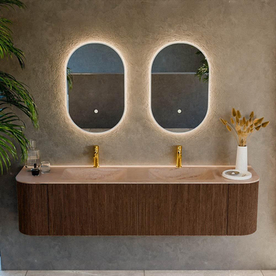 MONDIAZ KURVE-DLUX meuble de salle de bains 180cm arrondi Gauche + Droite couleur Walnut avec 2 tiroirs et 2 portes. Lavabo LEAF Double 2 trous de robinet Saba.