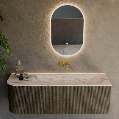 MONDIAZ KURVE-DLUX 135cm badmeubel ronding Links kleur Shadow met 1 lade en 1 deur. Wastafel BIG MEDIUM Rechts zonder kraangat Nata.