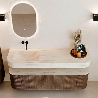 MONDIAZ THOR-DLUX 160cm badmeubel ronding links + rechts kleur Walnut met 1 lade en 2 deuren. Vrijhangende wastafel CLOUD Links zonder kraangat kleur Meli.
