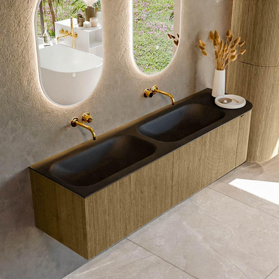 Ensemble de meuble de salle de bain Mondiaz KURVE - 165x46x40cm - 2 tiroirs - 1 porte - lavabo en solid surface - double / gauche - sans trou de robinet - Dusk