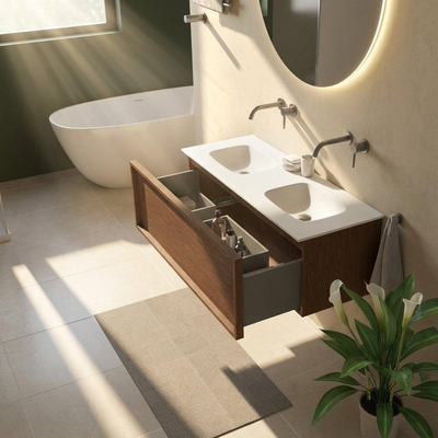 Saniclass Holz Frame Ensemble meuble de salle de bains - 120x45x41.5cm - Vasque Flow en solid surface blanc - 2 vasques - sans trous de robinet - 1 tiroir - walnut pure mat (bois)