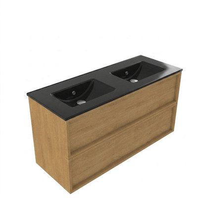 Saniclass Holz Frame Ensemble meuble de salle de bains - 120x45x62cm - Vygo lavabo en céramique noir - 2 vasques - sans trous de robinetterie - 2 tiroirs - chêne natural mat (bois)