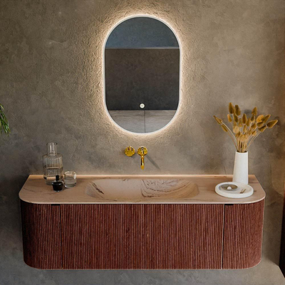 MONDIAZ KURVE-DLUX Meuble de salle de bains 140cm arrondi Gauche + Droite couleur Ruby avec 1 tiroir et 2 portes. Plan-vasque BIG SMALL Central sans trou de robinet Arena.