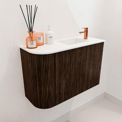 Mondiaz JOYA 61.6cm toiletmeubel - ronding links kleur Walnut - Wastafel FAYE positie Rechts 1 kraangat kleur Talc.