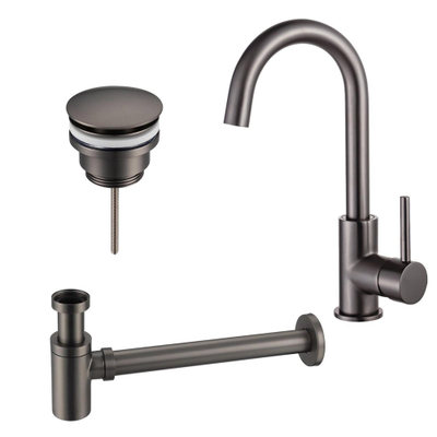 Fortifura Calvi Wastafelkraanset - hoge wastafelkraan - draaibare - uitloop - klikwaste plug - verlaagde design - sifon - PVD - geborsteld gunmetal (antraciet)