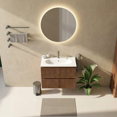 Saniclass Holz Atelier Ensemble meuble de salle de bains - 80x45x73.9cm - Lavabo Chaci en céramique blanc - 1 vasque - 1 trou de robinetterie - 2 tiroirs - walnut pure mat (bois)