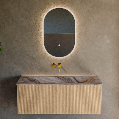 MONDIAZ KURVE-DLUX 110cm badmeubel kleur Oak met 1 lade en 0 deuren. Wastafel BIG MEDIUM Midden zonder kraangat Sombra.