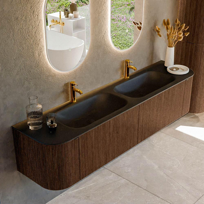 MONDIAZ KURVE Meuble de salle de bains 190cm avec module 25 Len R couleur Walnut avec 2 tiroirs et 2 portes. Lavabo BIG SMALL double 2 trous de robinet Urban.
