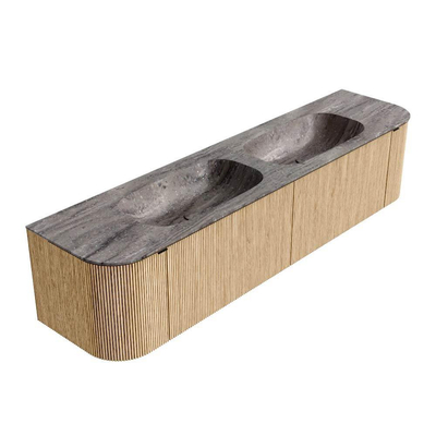 MONDIAZ KURVE-DLUX 190cm badmeubel ronding Links + Rechts kleur Oak met 2 lades en 2 deuren. Wastafel STOR SMALL Dubbel 2 kraangaten Oza.