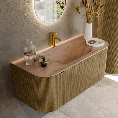 MONDIAZ KURVE-DLUX Meuble de salle de bains 110cm arrondi gauche + droite couleur Dusk avec 1 tiroir et 2 portes. Lavabo CLOUD central 1 trou de robinet Saba.