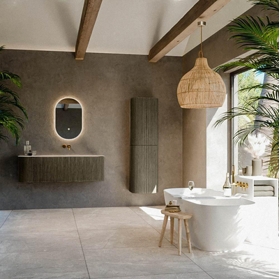 MONDIAZ KURVE-DLUX Meuble de salle de bains 135cm arrondi à gauche couleur Shadow avec 1 tiroir et 1 porte. Lavabo BIG MEDIUM à droite sans trou de robinet Meli.