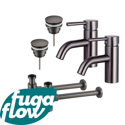 FugaFlow Eccelente Sobrado Badkamer Wastafelkraanset - voor dubbele wastafel - lage wastafelkraan - klikwaste plug - design sifon - PVD Gepolijst Gunmetal