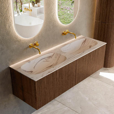 MONDIAZ KURVE-DLUX Meuble de salle de bains 140 cm couleur Walnut avec 2 tiroirs et 0 porte. Lavabo STOR SMALL Double sans trou de robinet Nata.